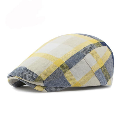Men's Plaid Striped Newsboy Ivy Flat Driving Golf Cap - color: Redyellow