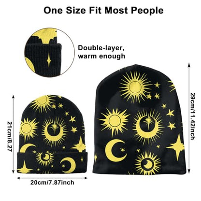 Beanie Knit Hat Winter Unisex Cuffed Beanies Skull Cap Warm Double Layer Thick Acrylic Cute for Girls Women Men - color: Sun Moon