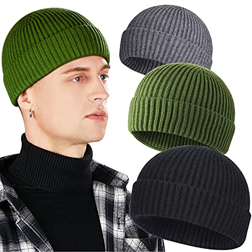 3 Pack Wool Fisherman Beanies for Men, Short Knit Watch Cap Cuffed Hats - color: B-black, Gray, Dark Green