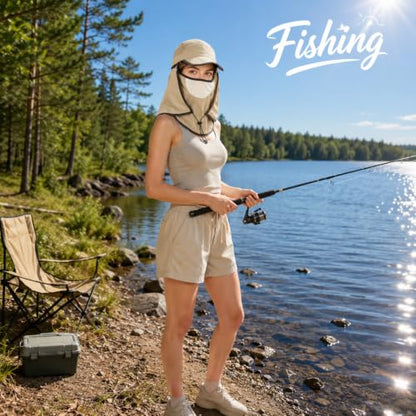 HUAMULAN Women Wide Brim Sun Hat Ponytail UV Protection Visor Fishing Cap - color: Khaki With Foldable Visor