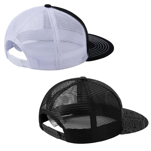 BASSDASH 2 Pack Flat Brim Trucker Cap Adjustable Snapback Hat Mesh Back for Men Women Fishing Hunting - color: Pack of 2, Black and White & Black Geometry
