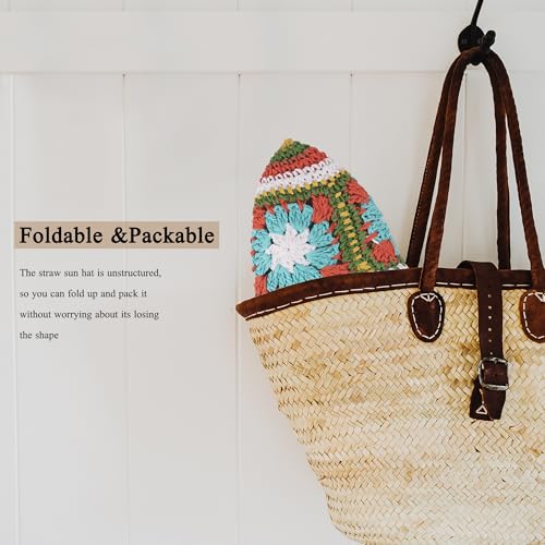Womens Multicolor Floral Crochet Straw Sun Hat Wide Brim Summer Beach Hat - color: Yellow