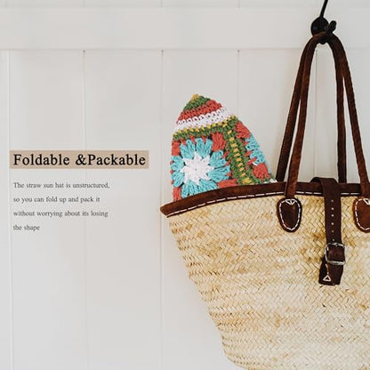 Womens Multicolor Floral Crochet Straw Sun Hat Wide Brim Summer Beach Hat - color: Yellow