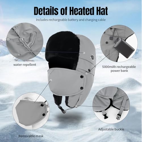 Heated Trapper Hat with 5V Rechargeable Battery, Warm Faux Fur Hunting Hat Outdoor Windproof Winter Hat for Men and Women - color: Dark Gray