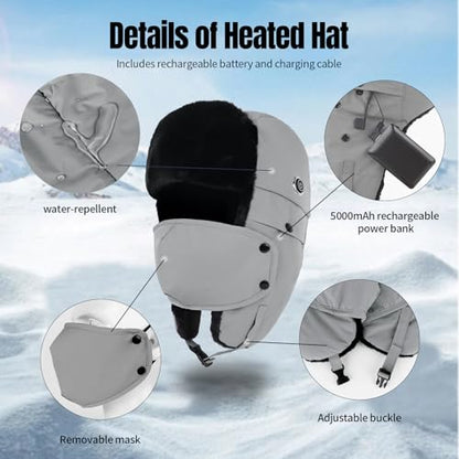 Heated Trapper Hat with 5V Rechargeable Battery, Warm Faux Fur Hunting Hat Outdoor Windproof Winter Hat for Men and Women - color: Dark Gray