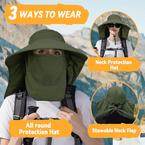 Sun Hats for Men Women Detachable Face Cover Wide Brim Fishing Hats with Neck Flap UPF 50+ Outdoor Safari Hats - color: Army Green