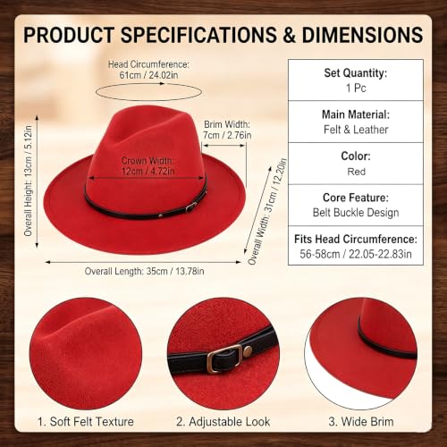 Unisex Adjustable Belt Buckle Wide Brim Fedora Hat, Felt Panama Hat for Men Women Formal Casual Wear - color: Red