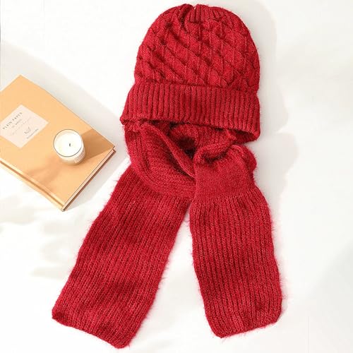 Women Winter Warm Elastic Soft Ear Protection Knitted Scarf Hat Fleece Lined Beanie Hat - color: Red