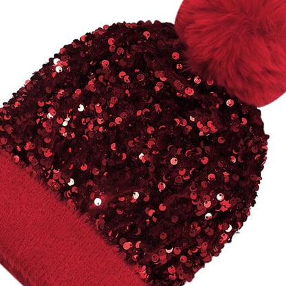 Women Girls Winter Sequin Beanie Hat with Faux Fur Pom Pom Knit Skull Cap - color: Red