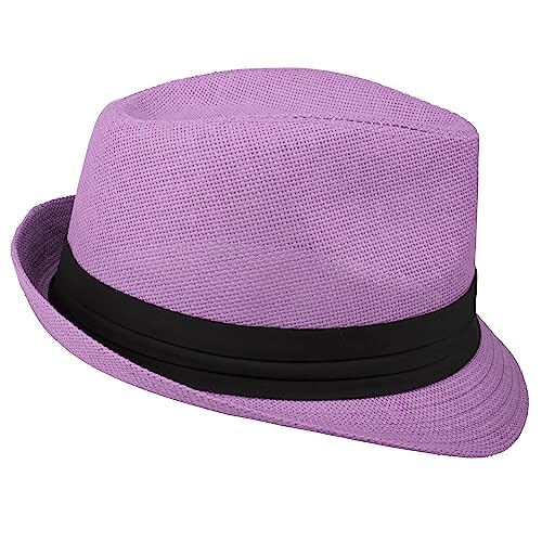 Gelante Summer Fedora Panama Straw Hats with Black Band - color: Purple, size: Small-Medium