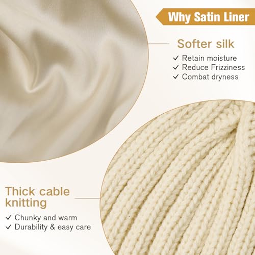 Satin Lined Beanie for Women Knit Winter Hats Silk Lined Womens Beanie with Detachable Pom Pom - color: A Beige