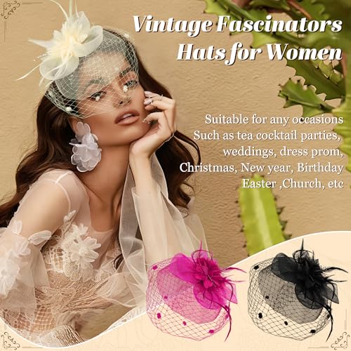 Fascinators Hats for Women Tea Party Hat Floral Feathers Mesh Headwear Lace Headband Veil Hair Clip Cocktail Wedding Church - color: White