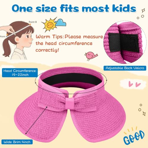 ZOORON Girls Straw Sun Visor Hat, Wide Brim Ponytail Beach Hat with Bow - color: Rose Red