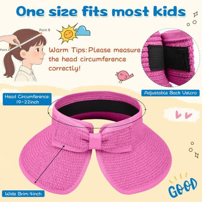 ZOORON Girls Straw Sun Visor Hat, Wide Brim Ponytail Beach Hat with Bow - color: Rose Red