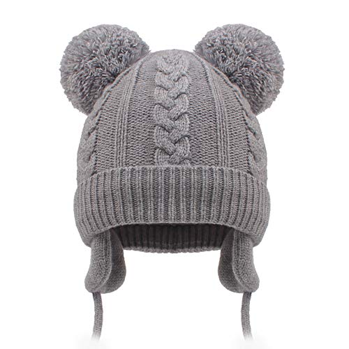 Duoyeree Toddler Winter Hat, Earflap Double Pom Pom Knit Beanie 0-36M - color: Poms-grey, size: 12-36 Months