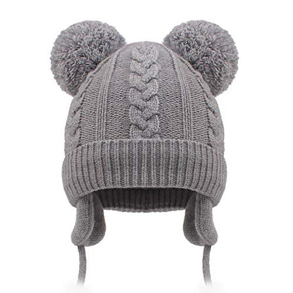 Duoyeree Toddler Winter Hat, Earflap Double Pom Pom Knit Beanie 0-36M - color: Poms-grey, size: 12-36 Months