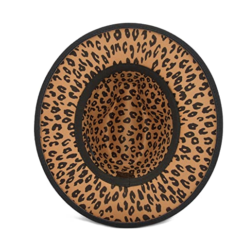 Women's Wide Brim Felt Fedora Panama Hat with Leopard - color: Y-black & Leopard