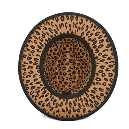 Women's Wide Brim Felt Fedora Panama Hat with Leopard - color: Y-black & Leopard