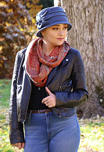 Fleece Flower Cloche Hat for Women Chemo Cancer Ladies Headwear 50+ UPF - color: Blue Grey