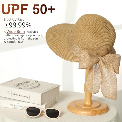 Pleneal Sun Hats for Women Straw Beach Hat Foldable Bowknot Summer Hat - color: Khaki
