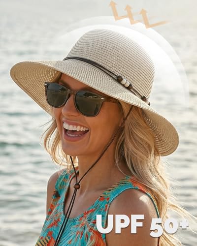 Womens Straw Beach Sun Hat, UV Protection UPF 50+, Lightweight Straw Bucket Hat, Summer Travel - color: Beige, size: Medium