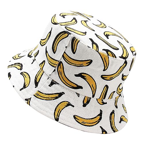 Novelty Fruit Print Bucket Hats Summer Fishing Cap Reversible Packable Sun Hat for Women, Men - color: Banana Print White Hat, size: Medium-Large