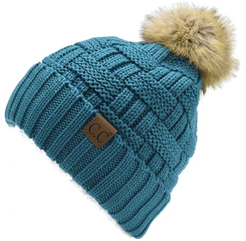 C.C Knit Beanie Hat – Fuzzy Fleece Lined Warm Winter Hat, Faux Fur Pom Soft Stretchy Slouchy Knit Cap, Cold Weather Beanie - color: Teal Blue