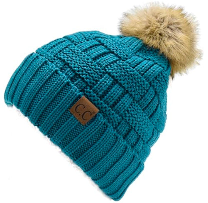 C.C Knit Beanie Hat – Fuzzy Fleece Lined Warm Winter Hat, Faux Fur Pom Soft Stretchy Slouchy Knit Cap, Cold Weather Beanie - color: Teal Blue