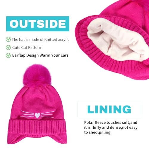 Girls Beanie Knit Hat with Ear Flaps Rainbow Cat Hats Toddler Kids Winter Outdoor Skull Snow Ski Cap Age 2-10 - color: Hot Pink, size: 2-4T