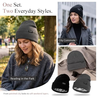 2 Pack Satin Lined Beanies for Men and Women Warm Cuffed Winter Hats - color: Black+dark Grey