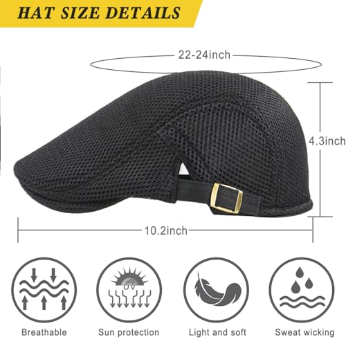 Xinveen Men's Mesh Cap Breathable Summer Newsboy Hat Adjustable Beret Ivy Cap Irish Cabbie Driving Hunting Hats - color: Black