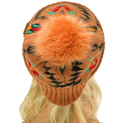 C.C Fur Pom Winter Fall Trendy Chunky Stretchy Cable Knit Beanie Hat - color: Aztec Desert Sand