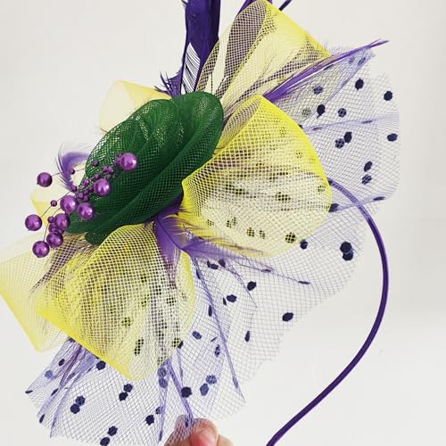 WLBON Fascinators Hat 20s 50s Headband Hair Clips Flower Feather Headpiece Headwear Women Halloween Carnival Cocktail Wedding Church Cosplay Dress Up Birthday Tea Party Accessories Green Yellow Purple - color: Green Yellow Purple