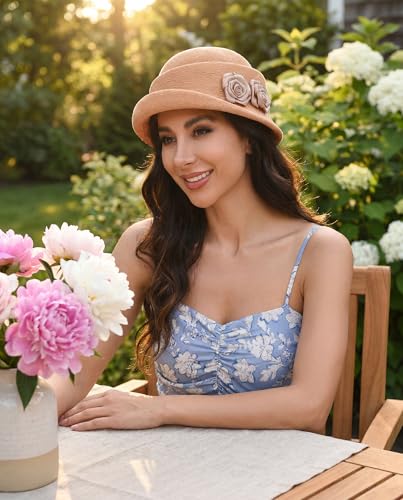 Women's Vintage Floral Cloche Hat,Lightweight Rolled Brim Bucket Hat,Adjustable Summer Sun Hat for Beach Picnic - color: Camel