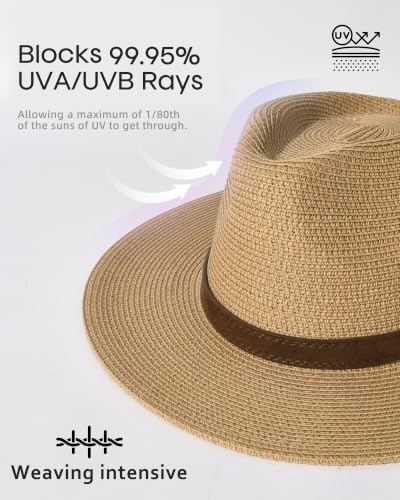 FURTALK Womens Mens Wide Brim Straw Panama Hat Fedora Summer Beach Sun Hat - color: Khaki/Brown, size: Medium-Large