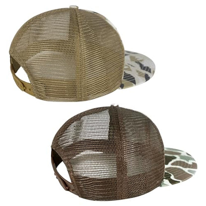 BASSDASH 2 Pack Flat Brim Trucker Cap Adjustable Snapback Hat Mesh Back for Men Women Fishing Hunting - color: Pack of 2, Mountain Camo & Color Block Camo