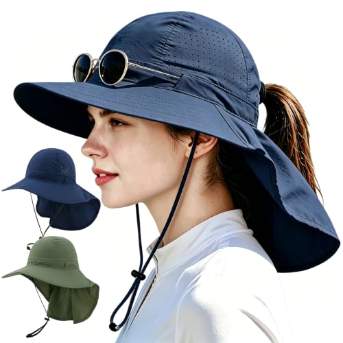 2Pack Sun Hat for Men Women with Neck Flap - color: 2pcs-navy&green