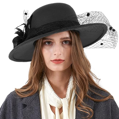 Ladies Wool Felt Bucket Hat Women Vintage Cloche Fedora Winter Church Bowler Hat with Bow - color: A-black