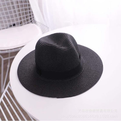 Unisex Adjustable Summer Straw Fedora Hat Sun Cap Panama Wide Brim For Beach Summer Outdoors Camping Supplies - color: Black