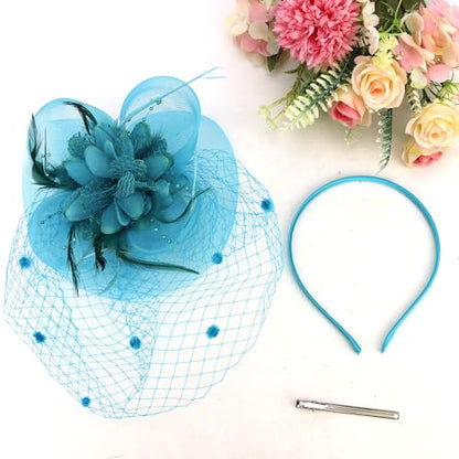 Semato Fascinators Hats for Women Mesh Feathers Elegant Blue Tea Party Kentucky Hat Derby Headband with Hair Clip - color: Blue