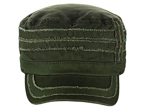 D&Y Unisex 100% Cotton Military Cadet Hat - Distressed Frayed Flat Top Cap - Adjustable Everyday Patrol Hat - color: Olive