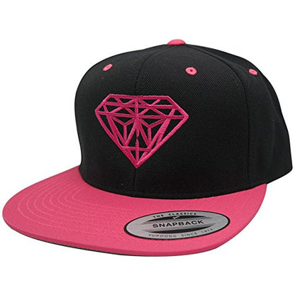 Diamond Embroidered Flat Bill Snapback Cap - color: Black Pink With Pink Thread