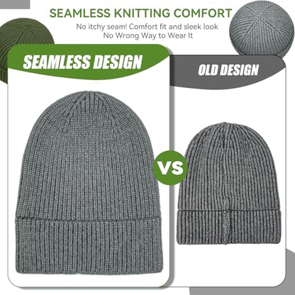 vidsel 50% Wool Thick Beanie Hat Men Women, Seamless Cuffed Knit Cap, Gray