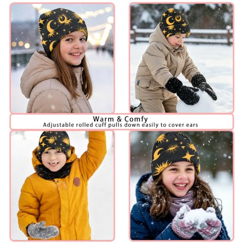 Kids Beanie Knit Hat Winter Unisex Cuffed Beanies Skull Cap Warm Double Layer Thick Acrylic Cute for Girls Boys - color: Sun Moon