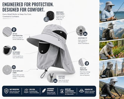Sun Hat with Neck Flap and Face Cover, Wide Brim Fishing Hat with Mesh Ventilation, UPF 50+ UV Protection - color: Light Grey