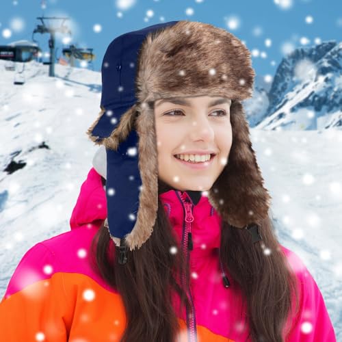 SATINIOR 1 Pcs Unisex Trapper Hat with Chin Strap Earflaps Hat - color: Navy Blue