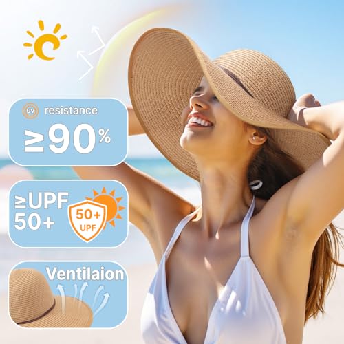 Beach Sun Hats for Women, Straw Hat for Women, Women’s Sun Hat UPF 50+ - color: Khaki-bow