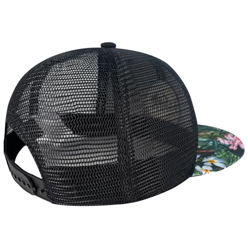 BASSDASH Flat Brim Trucker Cap Adjustable Snapback Hat Mesh Back for Men Women - color: Black/Tropical Flower