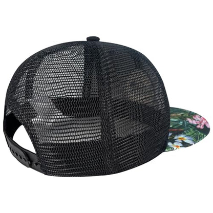 BASSDASH Flat Brim Trucker Cap Adjustable Snapback Hat Mesh Back for Men Women - color: Black/Tropical Flower