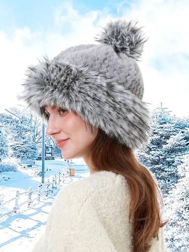 sy soul young Women's Faux Fur Hats with Pompom Warm Knit Beanie Skull Hat - color: Grey